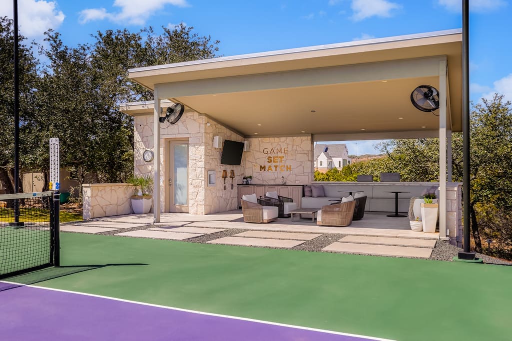 The tennis pavilion at 8 Oaks in the Texas Hill Country  (Photo courtesy of Douglas Elliman Real Estate)