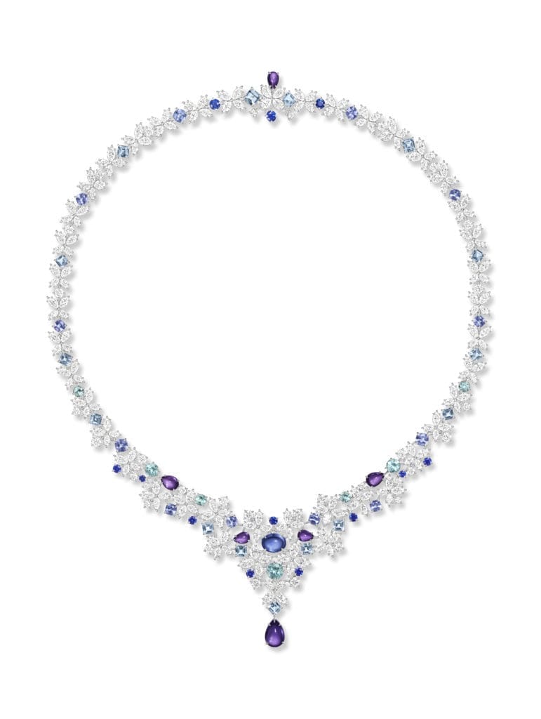 Harry Winston Purple Marquesa necklace from the Marvelous Creations Collection with Paraiba tourmalines, purple and blue sapphires, aquamarines, and diamonds, set in platinum.