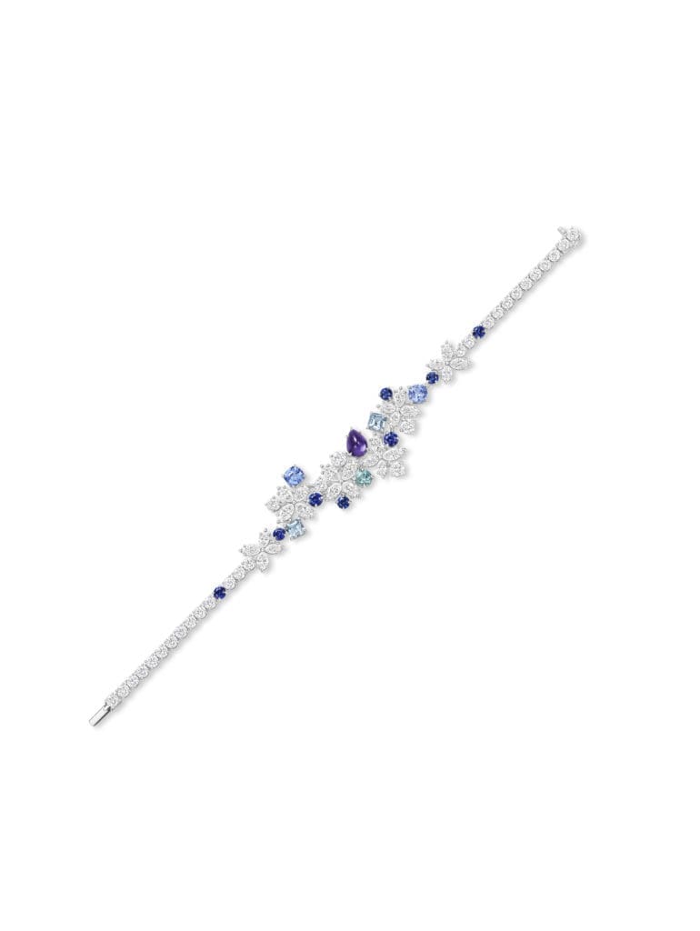 Harry Winston Purple Marquesa bracelet from the Marvelous Creations Collection with Paraiba tourmalines, purple and blue sapphires, aquamarines, and diamonds, set in platinum.