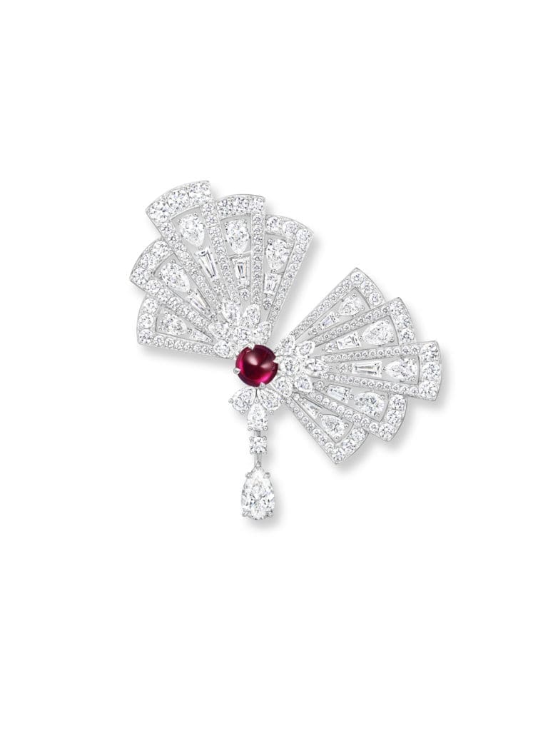 Harry Winston Betta Fish brooch from the Marvelous Creations Collection with 1.85-carat ruby cabochon and round brilliant, pear-shaped, tapered baguettes, and marquise diamonds, set in platinum.