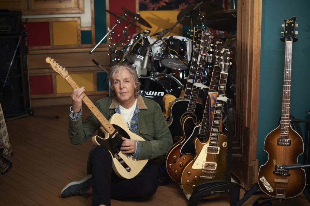 Paul McCartney in the studio with a few of his instruments. Photo by Mary McCartney.