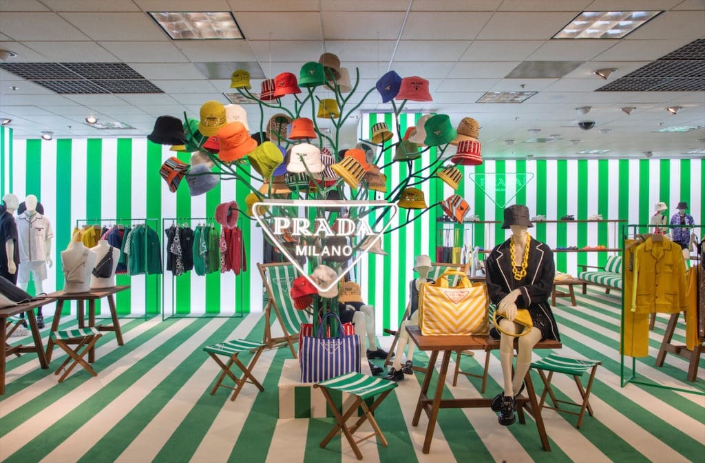 The bucket hat tree at Prada Tropico Dallas in Neiman Marcus NorthPark Center. 