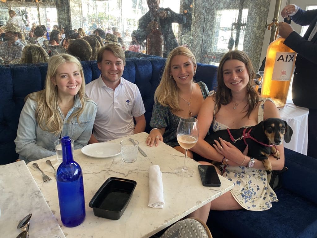 Mary Elizabeth Darwin,Griffin Wilson, Isabel Waggoner, Ally Ondarza with pooch Daisy at the Brasserie 19 Rosé All Day bash. (Photo by Shelby Hodge)
