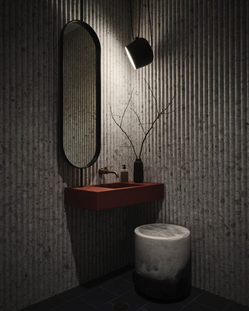With Ann Sacks terrazzo and a Kast concrete basin, even the bathrooms are chic at Sassetta. (Photo by Douglas Friedman)