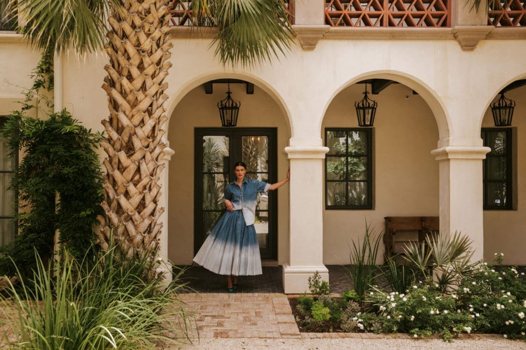 A model wearing a look from the Brandon Maxwell spring 2023 collection at the Commodore Perry Estate. (Photo by Kristen Kilpatrick)