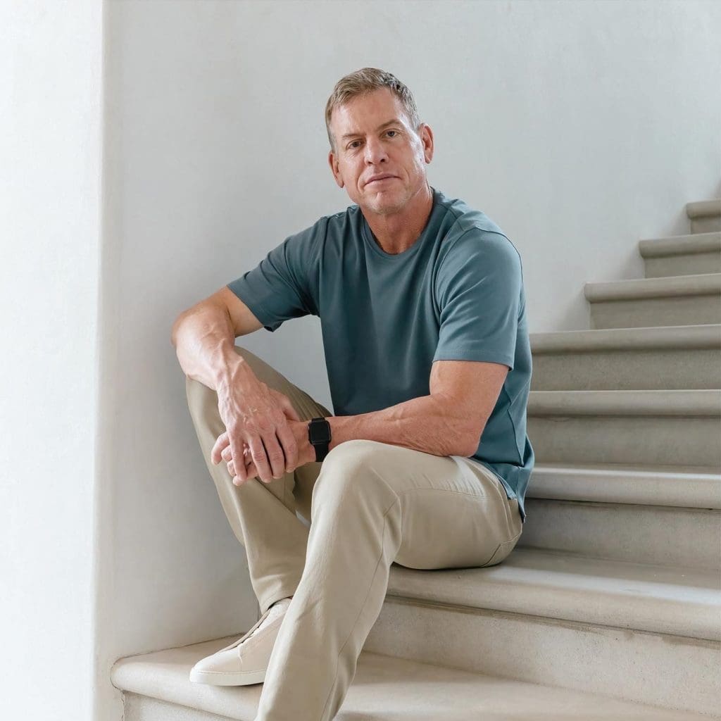 Rye 51 and Q Clothiers poster-boy Troy Aikman looking effortless in our Luxe supima cotton tee and Voyager pants.