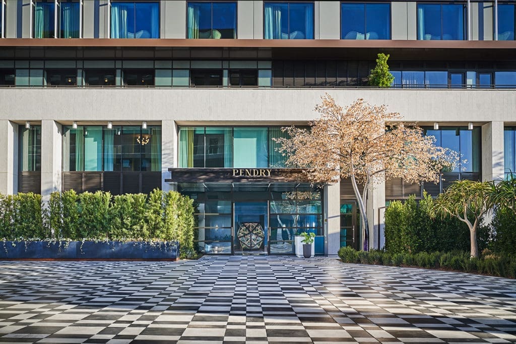 The Pendry West Hollywood's entrance with Andy Can and Xavier Perrot's "Sunset Jewel" magnificent sculpture.(Photo by Christian Horan)