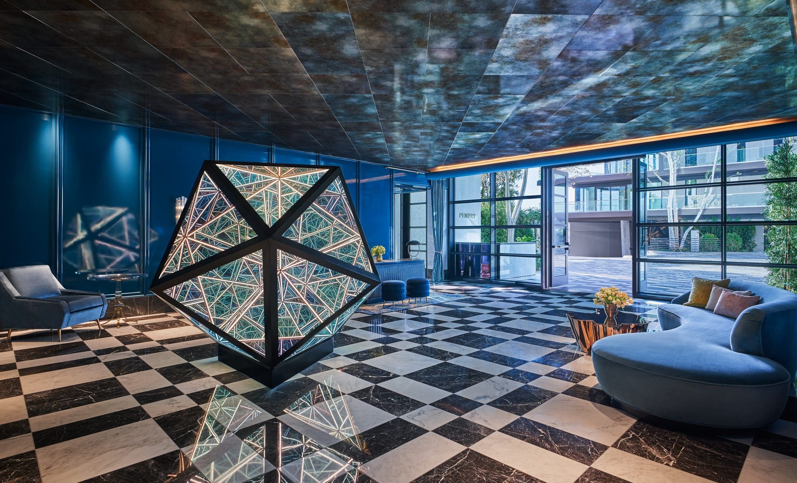 The lobby which is home to Anthony James' monumental sculpture "70' Icosahedron" (Photo by Christian Horan)