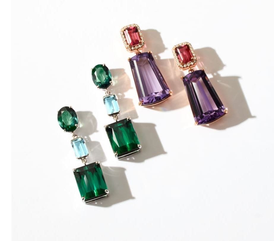 Aquamarine and tourmaline drop earrings ($5,000). Amethyst, pink tourmaline, and diamond drop earrings ($2,600). 