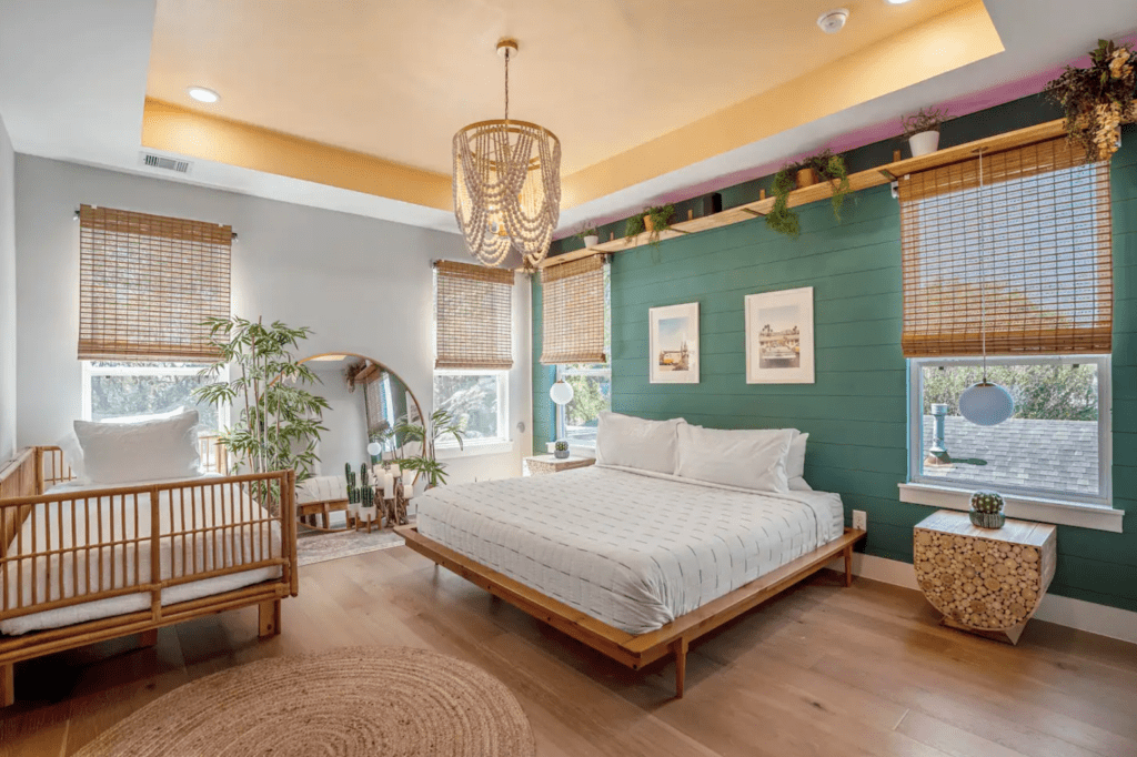 Decor throughout the three bedroom house implies the Tulum inspiration.