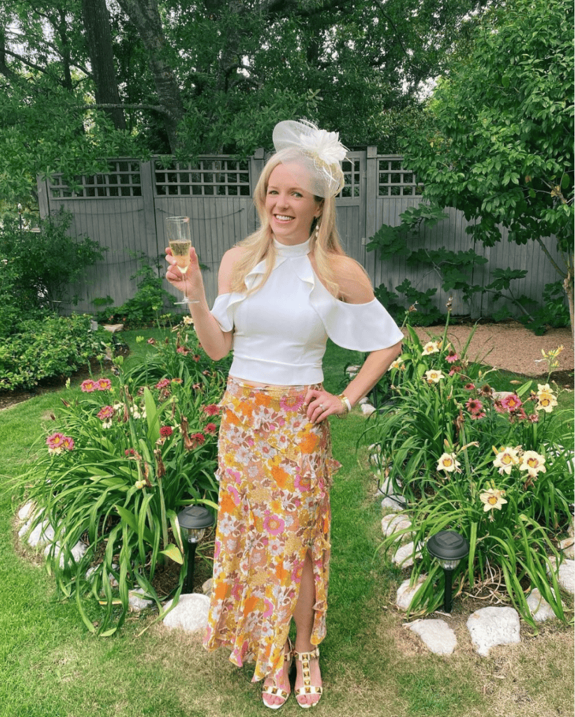 Katharine McGee at one of the British themed garden parties that are the settings for American Royals book signings. (Instagram photo)