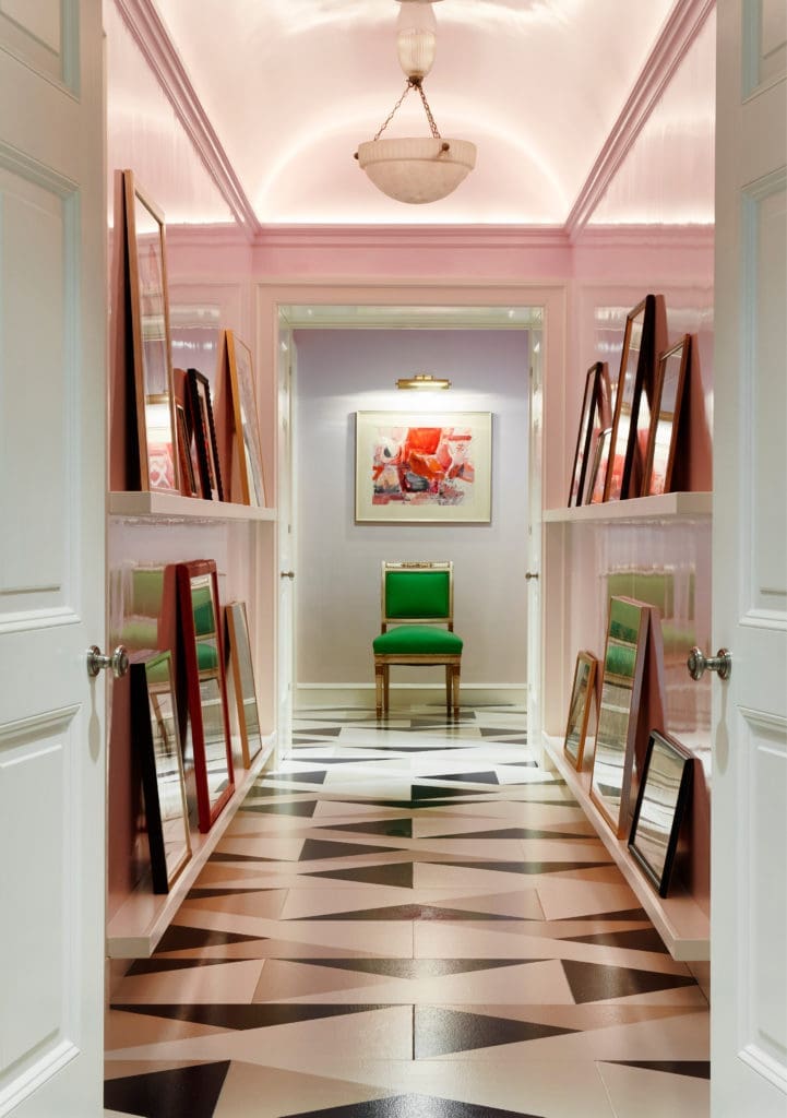 For a Lake Shore Drive co-op in Chicago, Summer Thornton created a hallway that’s a surprising winner. “When I first saw it, it was like a tired old workhorse, dragging you along from the public spaces to the private ones. It was dark, with beige walls and brown stone floors. Honestly, it felt like a punishment just to walk to the bedroom. I had this mad idea to paint the floor with a geometric pattern, but without any obvious repeats. Then we used a pale lavender lacquer on the walls to let light bounce everywhere." (Photo by Thomas Loof)