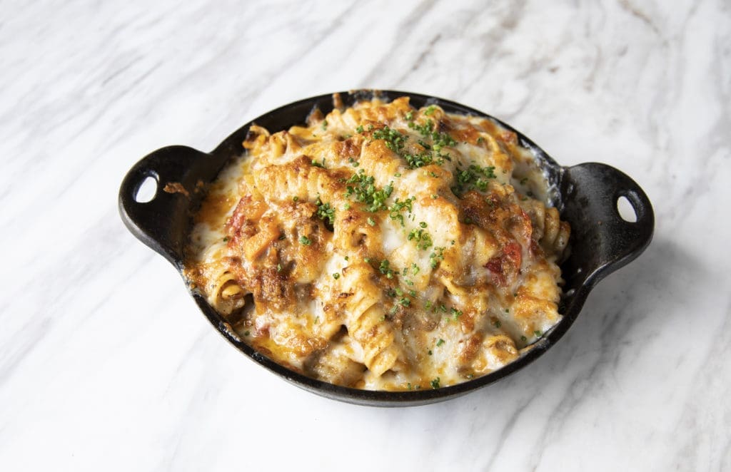 Hamburger Helper® you have nothing on Georgia James interpretation dubbed Steakhouse Helper. Made with trimmings from their prime cuts along with a spicy cheese sauce with fusilli noodles. Photo by Julie Soefer.