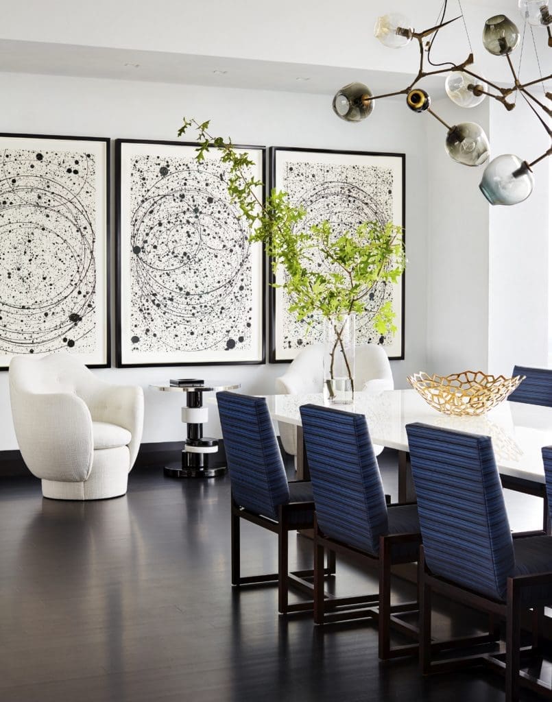 A high-rise apartment designed by Jamie Drake and Caleb Anderson for an Elle Decor feature in June 2017, with styling by Robert Rufino.