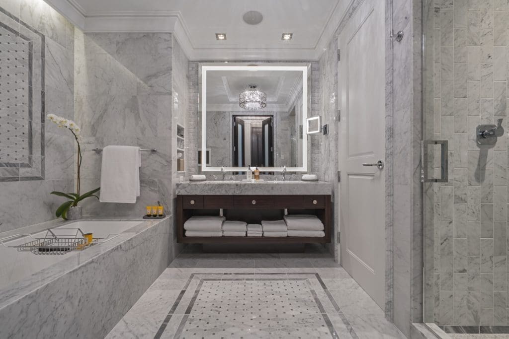 One of the posh bathrooms at the award-winning Post Oak Hotel at Uptown Houston.