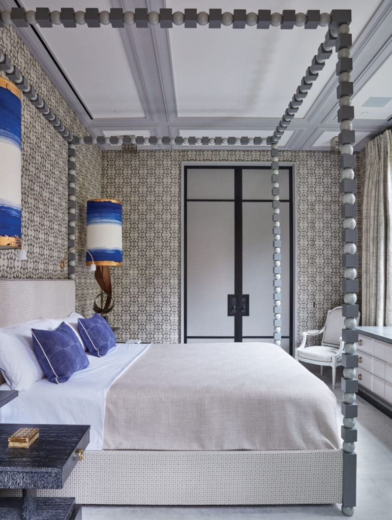In an Upper East Side townhouse, Jean-Louis blends archetypes of an emblematic townhouse with a neo-industrial look. Custom-designed Jean-Louis Deniot  lacquered wood bed; canopy and headboard covered in Brochier. Nightstands by T.H. Robsjohn-Gibbings. Pair of brutalist lamps by Harry Balmer, lampshades by Anne Sokolsky. Curtains in Lelièvre and Création Baumann
