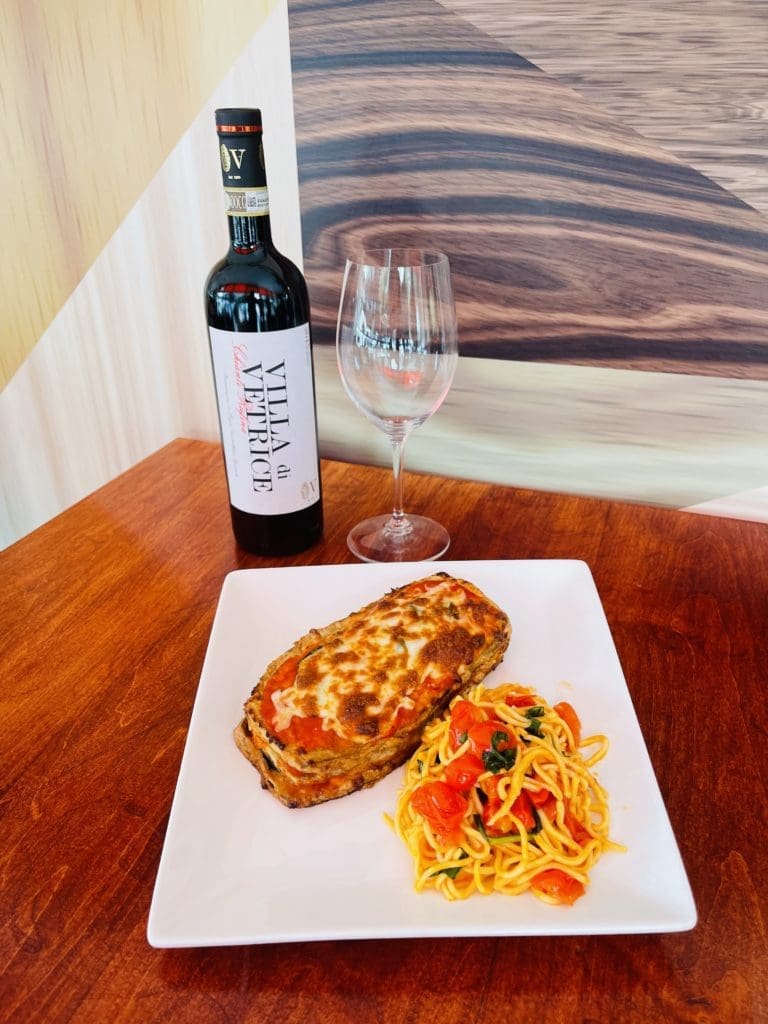 Davanti's eggplant parmigiana with a side of spaghetti is available for lunch and dinner at this new counter-service spot. (Photo by Photos Courtesy of Davanti Ristorante Italiano)