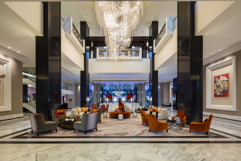 The swank lobby of the Post Oak Hotel at Uptown Houston sets the stage for the multiple-award winning hotel. 
