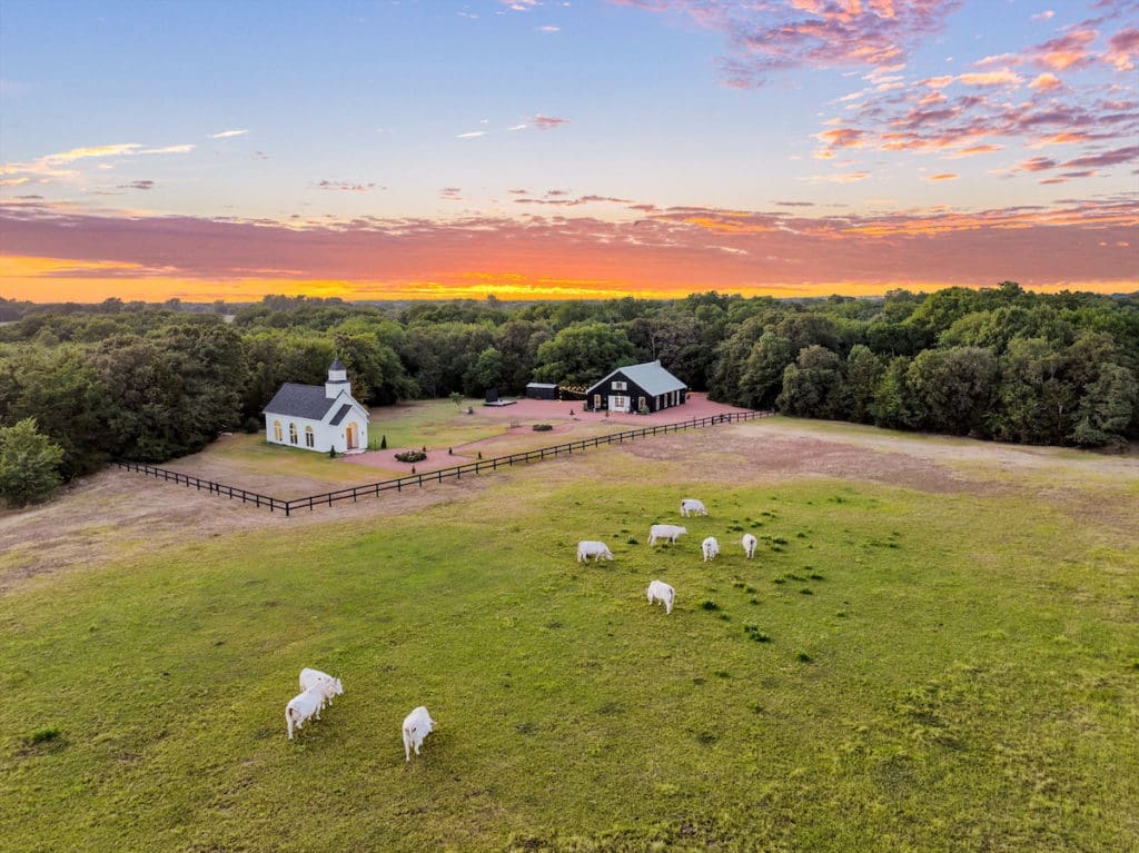 Views of the chapel and party barn. (Photo by Sharp Frame Media for Douglas Elliman Realty)