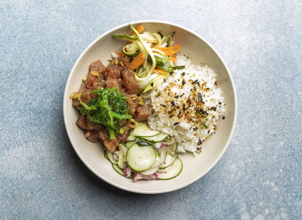 At the new bento box restaurant in Finn Hall called Maui Bento Box, you can feast on Ahi Poke. (Photo by Julie Soefer)