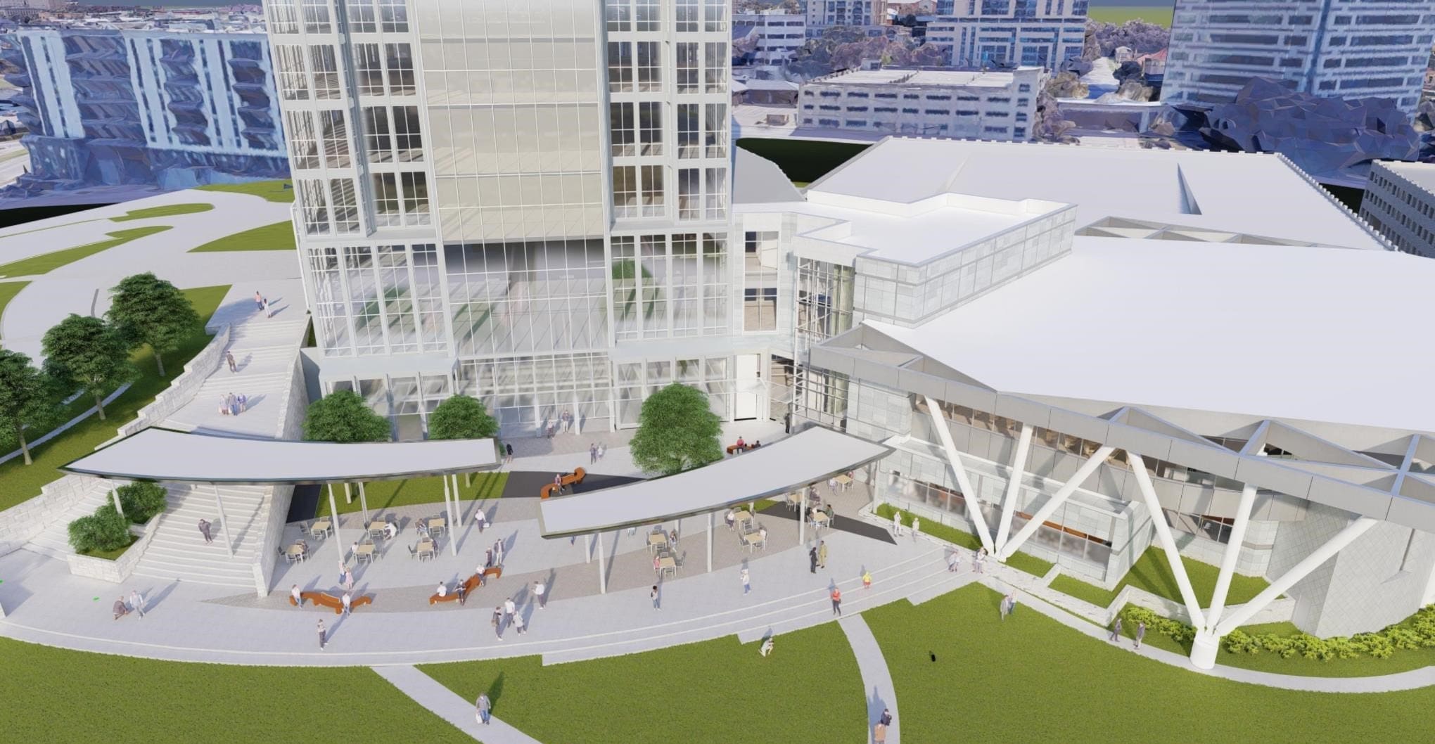 A view of the new Fort Worth city hall with its council chamber addition and Fort Worth's new front lawn. (Rendering courtesy BOKA Powell)
