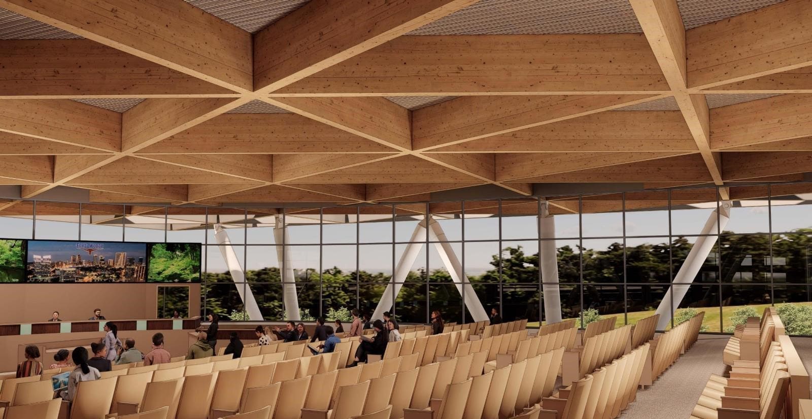 Citizens will be one eye level as they address the City Council, in a column-free space with view to the city beyond. (Rendering courtesy of BOKA Powell Architects)