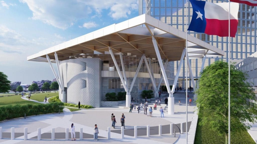 The heavy timber roof add interest to the council chamber as well as shade to the patio space. (Rendering courtesy Brinkley Sargent Wiginton Architects).