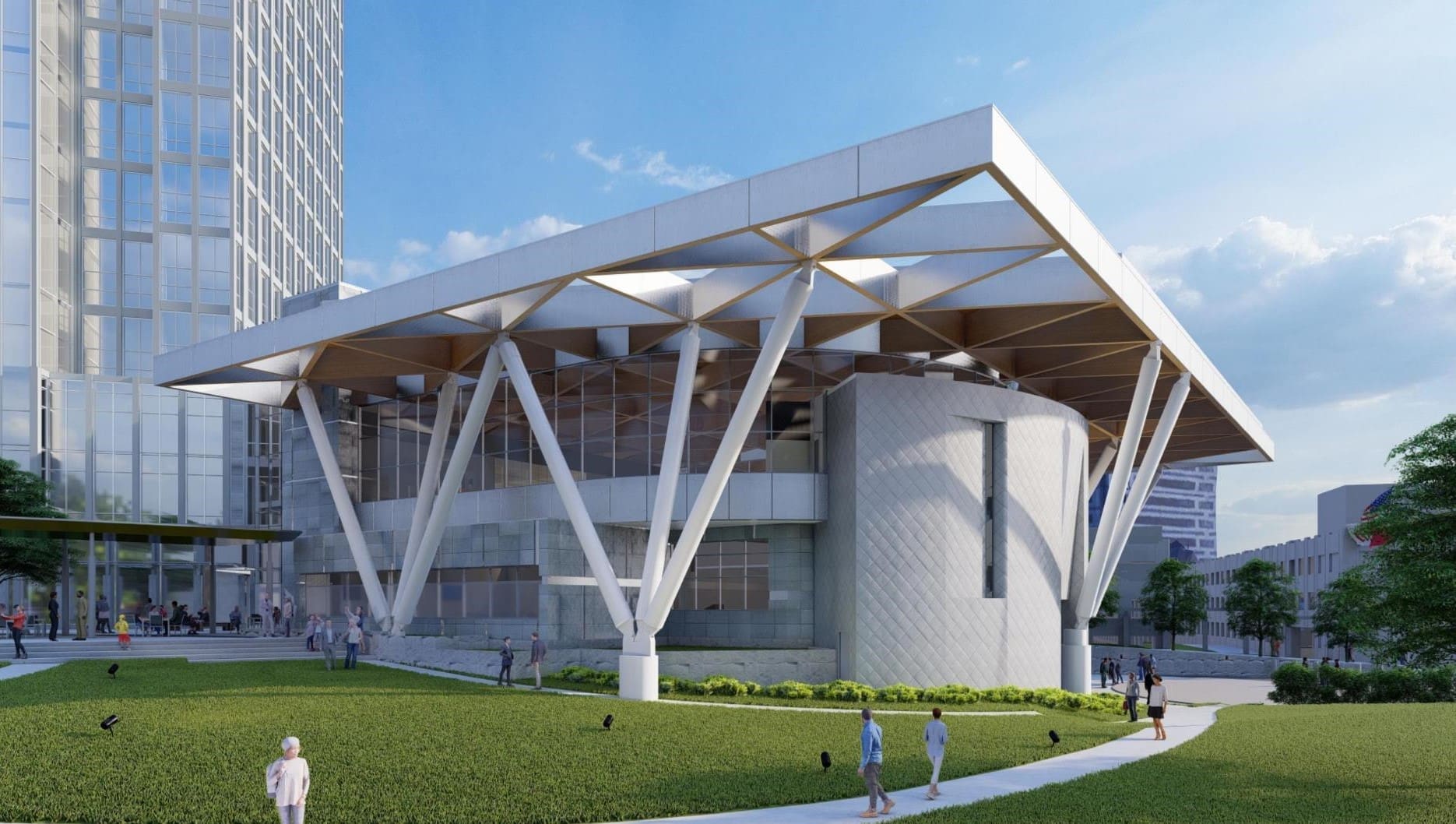 The new council chamber at the Fort Worth City Hall will add glass walls on two sides, providing a view to the city beyond. (Rendering courtesy BOKA Powell Architects)