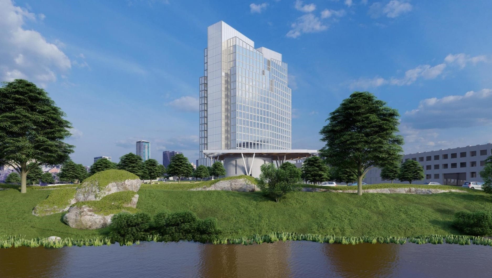 The new Fort Worth City Hall site slopes down to the river. It will become Fort Worth's living room, front porch and lawn. (Rendering courtesy BOKA Powell Architects)