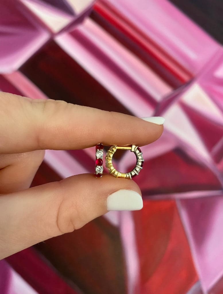Clients can mix and match diamonds with gemstones to create their own pair of Duo Huggies that tell their story.