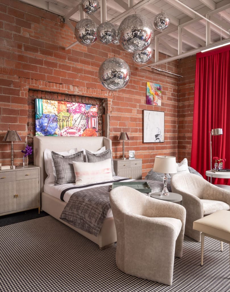 Peacock Alley's dreamy disco bedroom for Dwell With Dignity's 2022 Thrift Studio. (Photo by Aaron Dougherty)