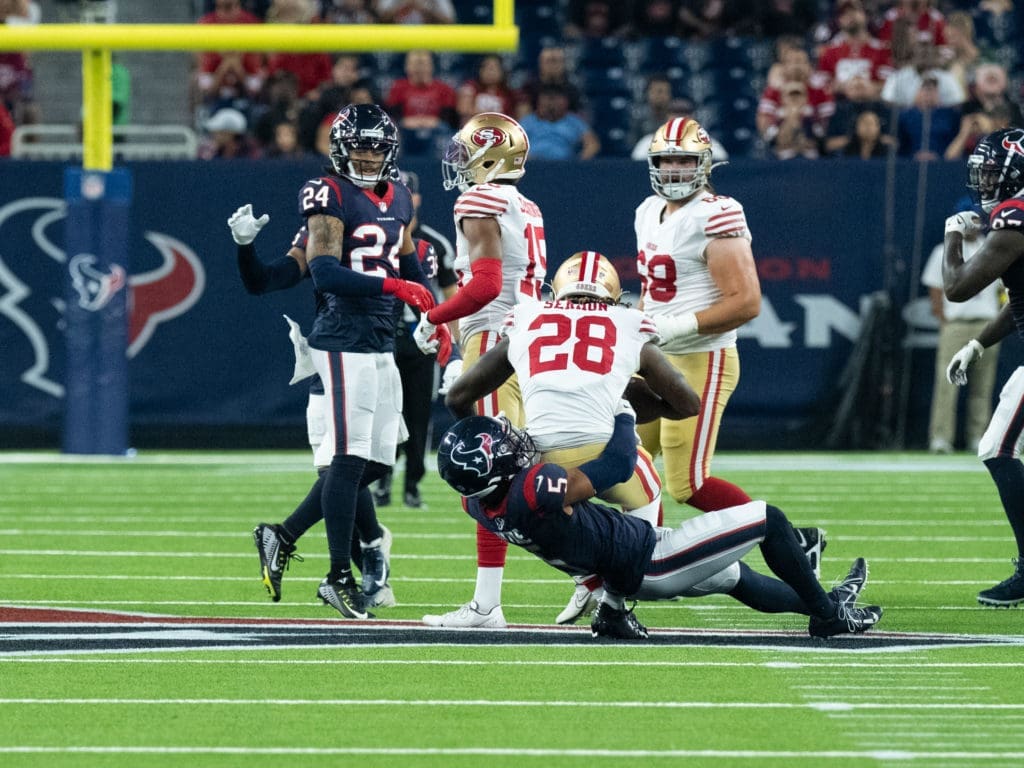 Rookie safety Jalen Pitre (No. 5) is already making big plays for the Texans defense. (Photo by F. Carter Smith)