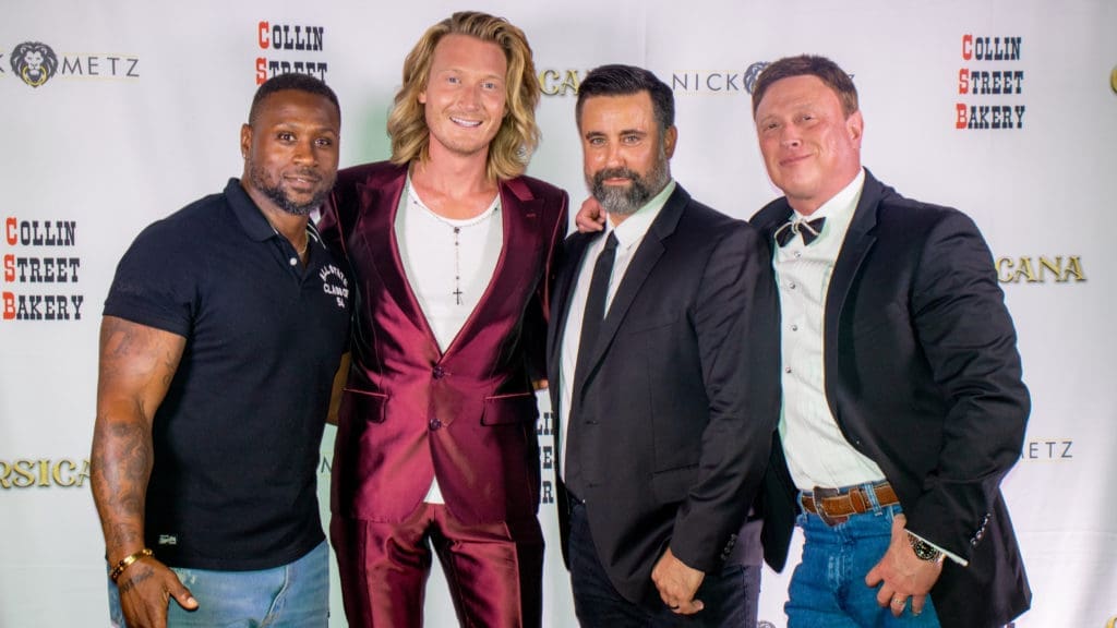 Cast members of the feature film 'Corsicana' Thomas Q. Jones, Ryan DeLaney, Major Dodge, and Robert Johnson, actor and sheriff of Corsicana, Texas, at the film premier.