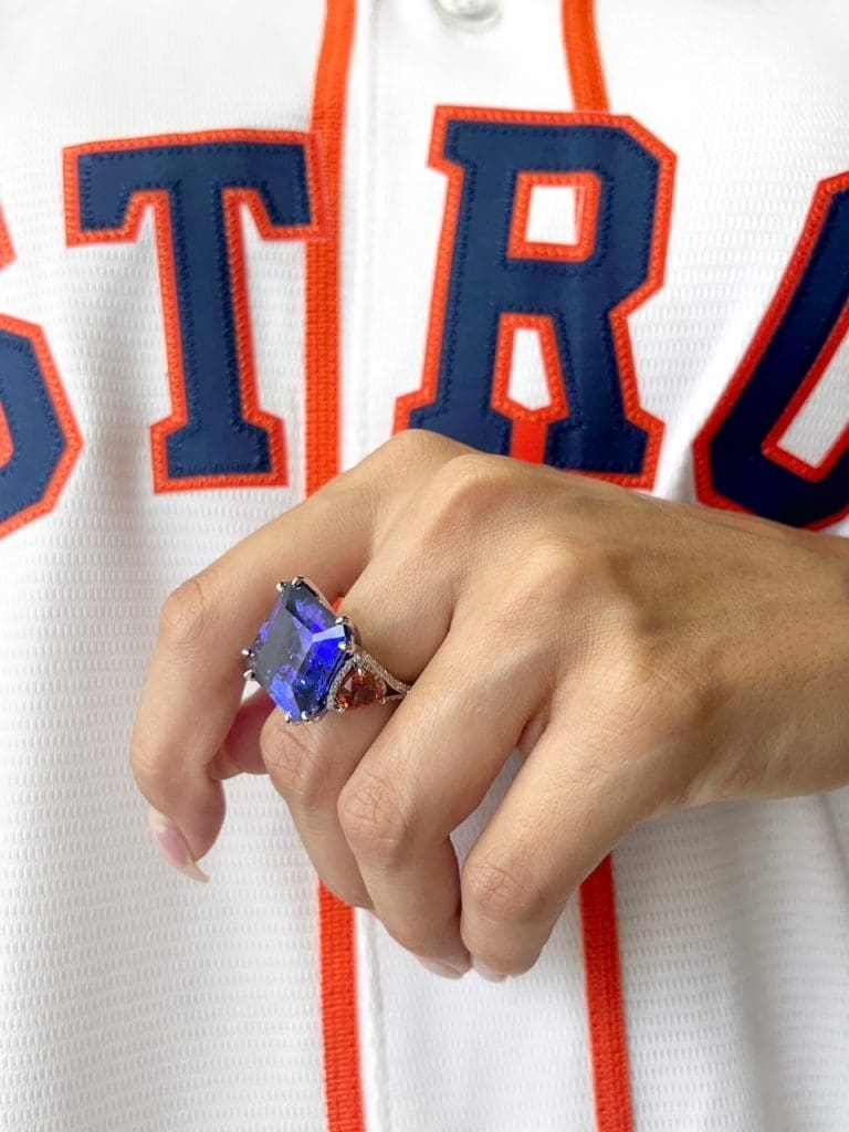 The  22 carat Asscher cut tanzanite set in 18 karat white gold with accent diamonds and mandarin garnets donated by Shaftel Diamonds for the HelpCureHD gala auction. (Courtesy photo)