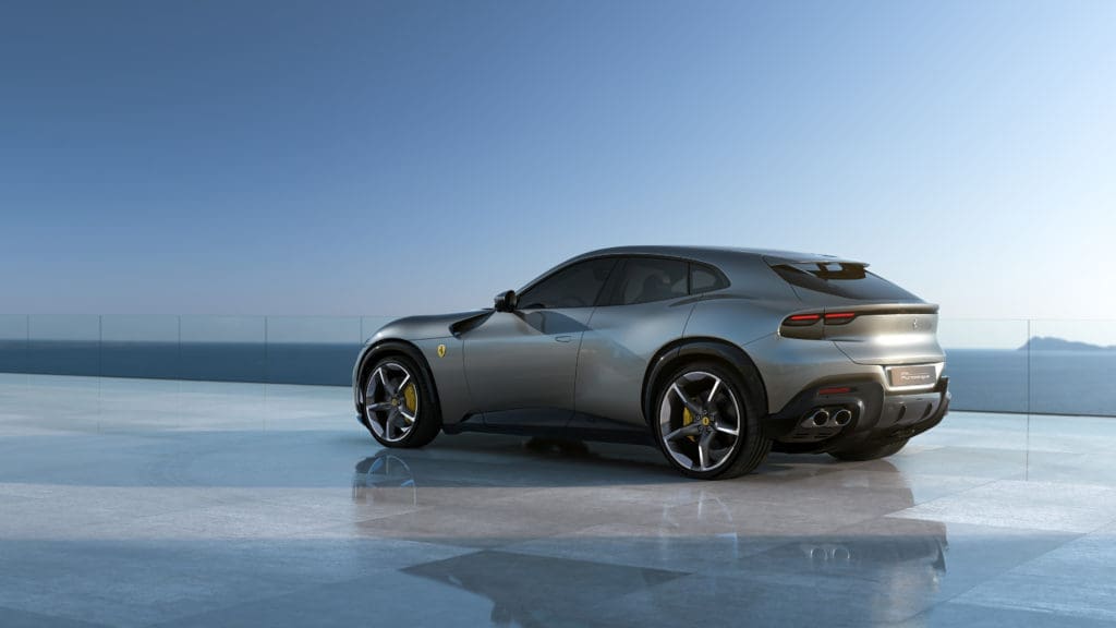 An all-new chassis features a weight-saving carbon fiber roof that lowers the Ferrari Purosangue's center of gravity. Its trunk holds a useful 16.7 cubic feet of luggage. (Courtesy Ferrari)