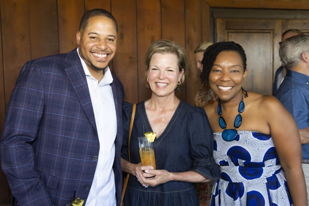 Stephen Jenkins, Mimi Stephens, and Rivertree Head of School Justina Jenkins at Rivertree Academy Dinner Under the Stars in Fort Worth, Texas on September 27, 2022. (Photo by Sharon Ellman)