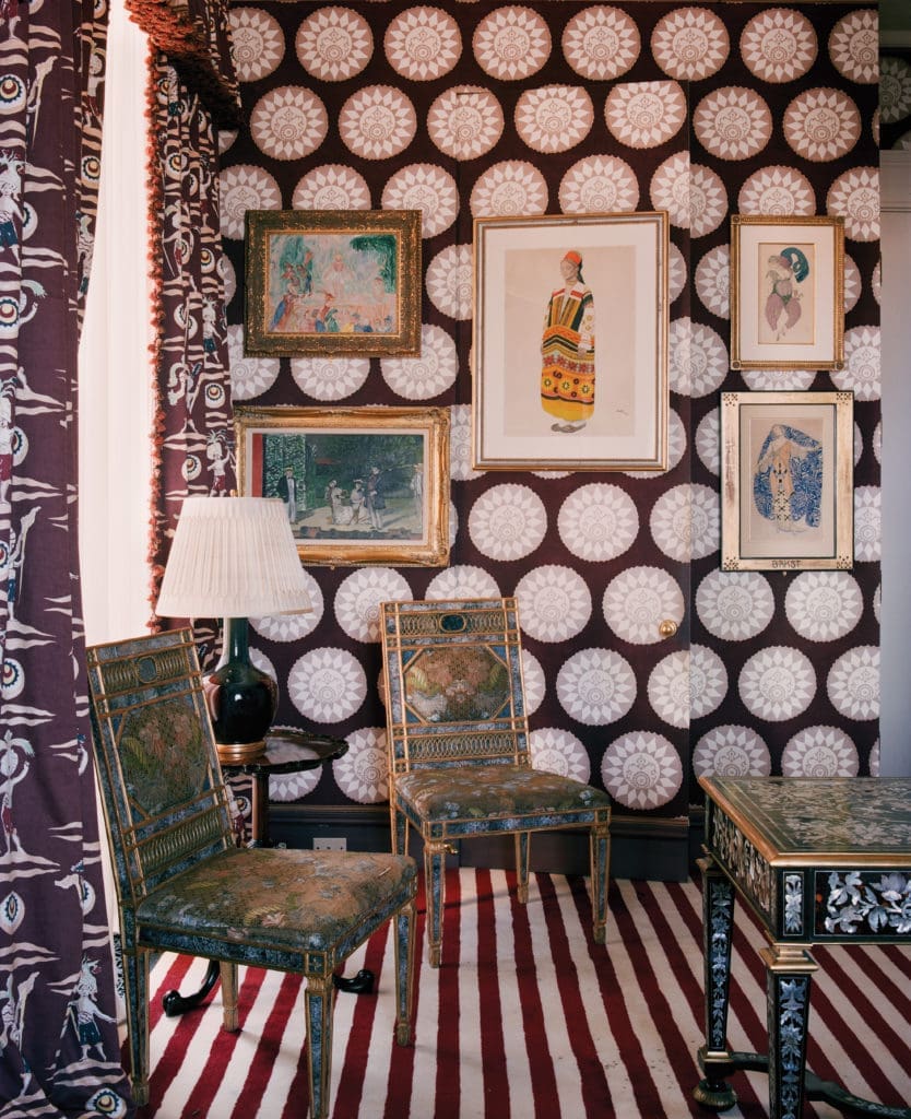 A pair of circa-1780 Sicilian neoclassical chairs shimmers with gold-framed insets of etched verre églomisé painted to simulate precious gems and minerals. Elegant and mysterious, the somewhat fragile chairs were made in the early 18th century forFrancesco Ferdinand Gravina, the fifth Prince of Palagonia for his Villa Palagonia. (Photography by Lisa Romerein)