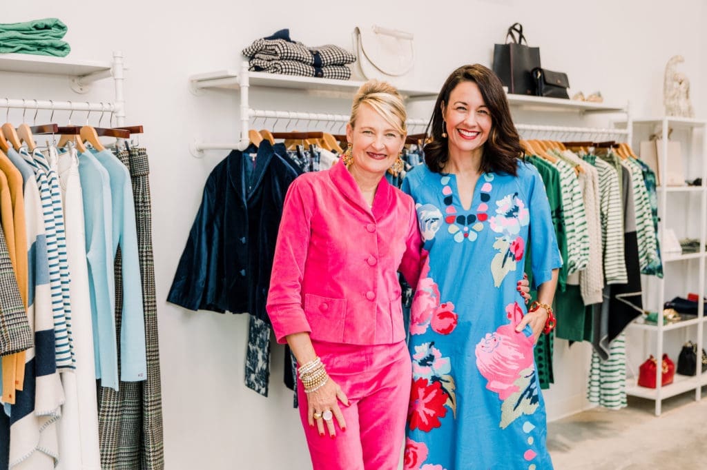 Frances Valentine founder and CEO Elyce Arons with Curate Capital founding and general partner Carrie Colbert  celebrating their partnership during the first anniversary of the River Oaks District boutique.