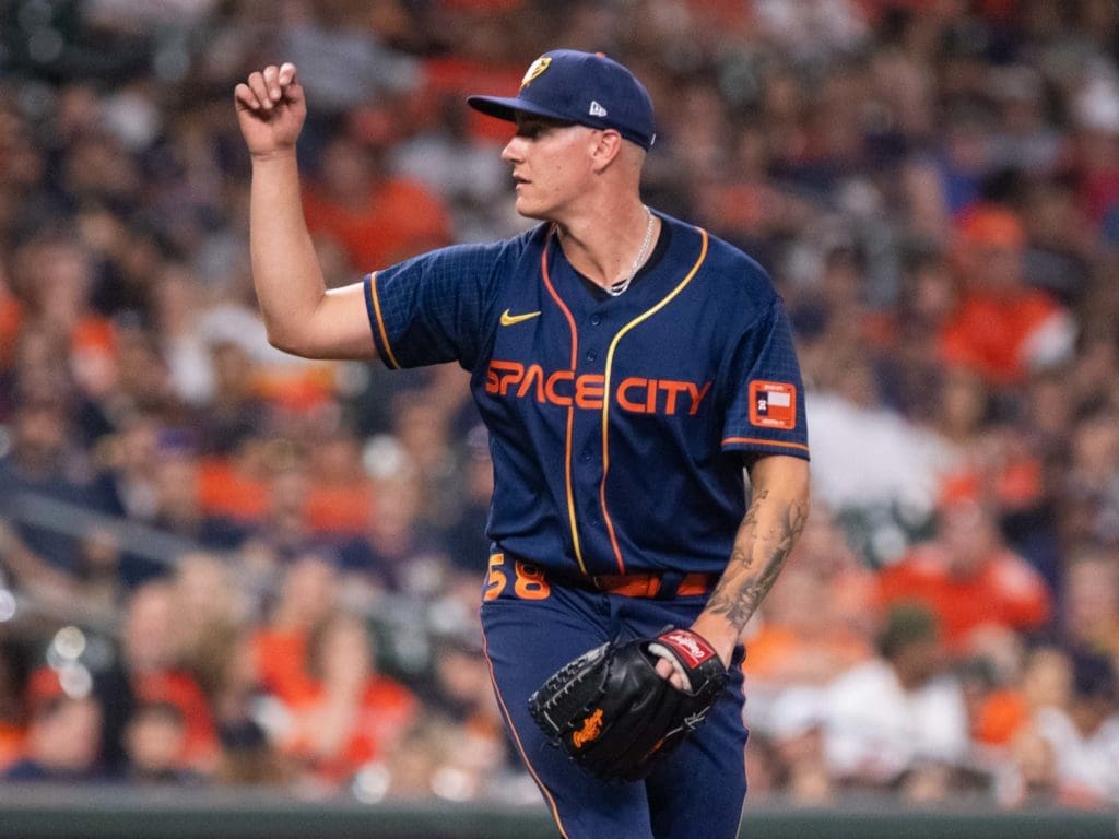 Houston Astros rookie starter Hunter Brown can rack up strikeouts with his electric fastball. (Photo by F. Carter Smith)