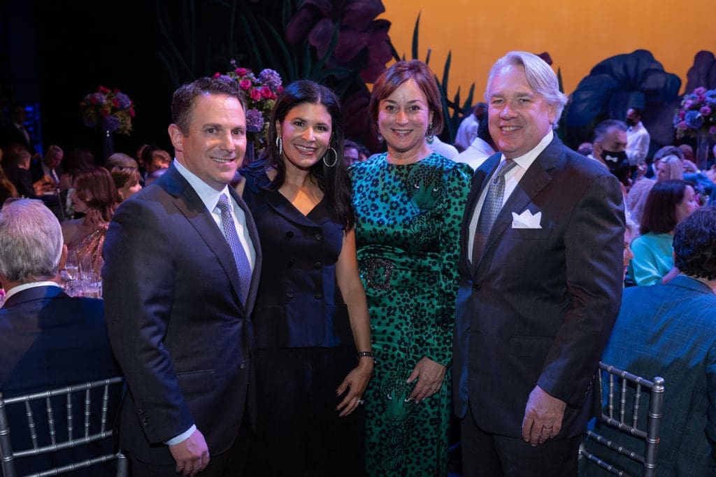 Chris & Kristy Bradshaw, Houston Ballet board president;  Leigh Smith, Houston Ballet board chairman, & Reggie Smith at the Houston Ballet Opening Night Onstage Dinner (Photo by Wilson Parish)