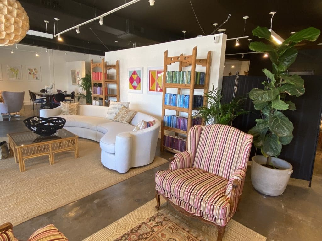 Vintage furnishings in the Mary Patton Design shop have been reimagined and reupholstered for new beginnings. The shop opens to the public in early January.