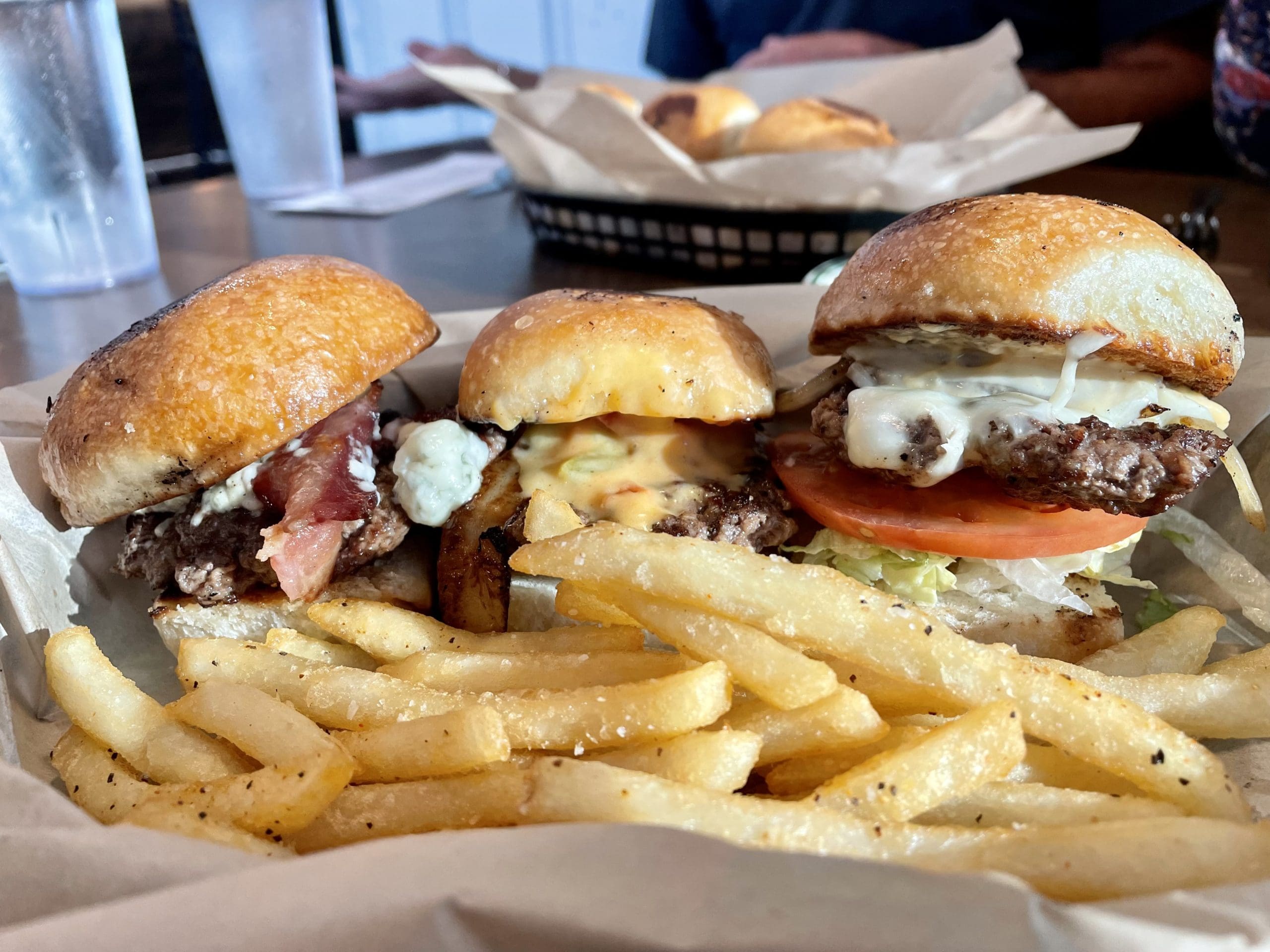 JD’s Hamburgers – Slider sampler for media night served on sweet sourdough buns. Photo by Courtney Dabney.