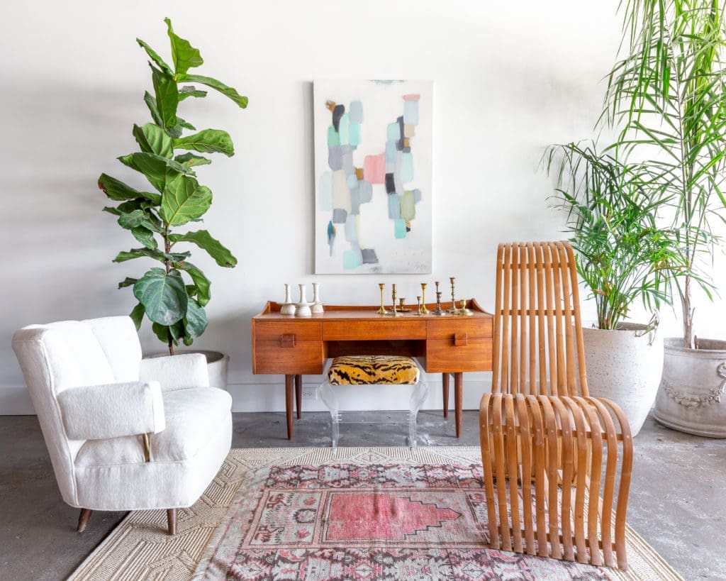 Vintage furnishings in the Mary Patton Design shop have been reimagined and reupholstered for new beginnings. The shop opens to the public in early January.