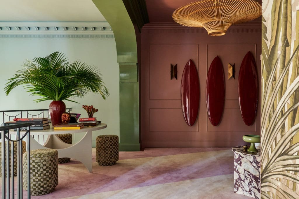 Christina Kim Interior Design evokes the dreamy moodiness of a Wong Kar-Wai film in the Main Staircase and Second Floor Landing. (Photo by Nathan Schroder)