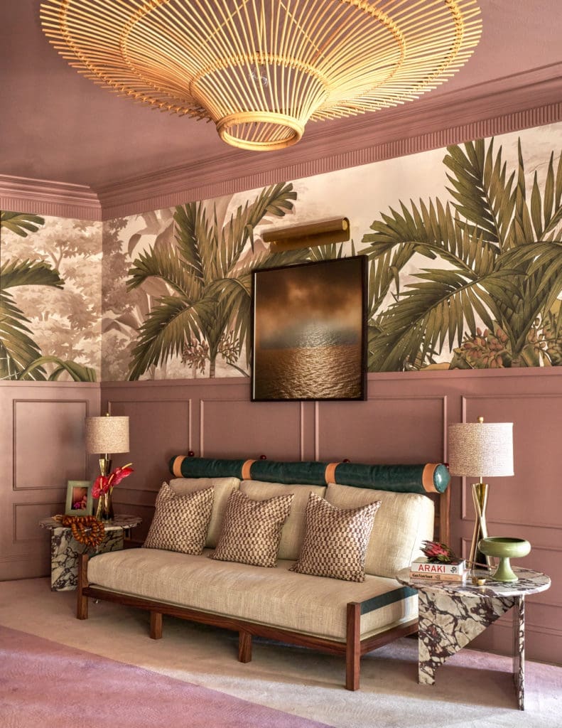 Christina Kim Interior Design evokes the dreamy moodiness of a Wong Kar-Wai film in the Main Staircase and Second Floor Landing. (Photo by Nathan Schroder)