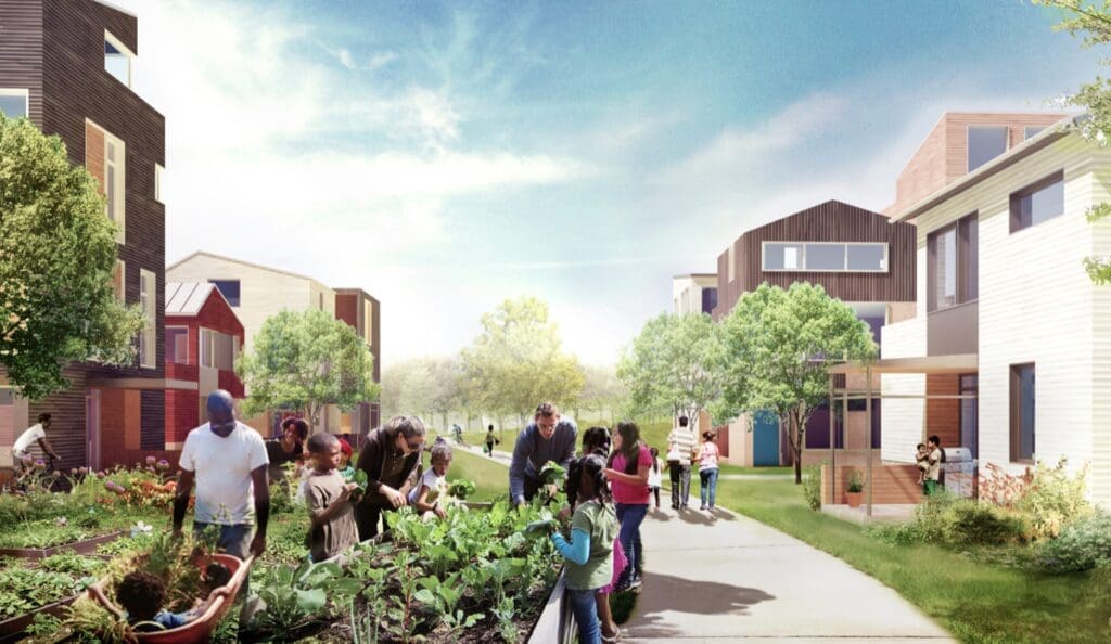 The Kinder Foundation $100 million gift to Buffalo Bayou Partnership accelerates the Buffalo Bayou East Master Plan that includes 13 acres of affordable housing and green space. (Rendering of the plan from the Buffalo Bayou Partnership website)