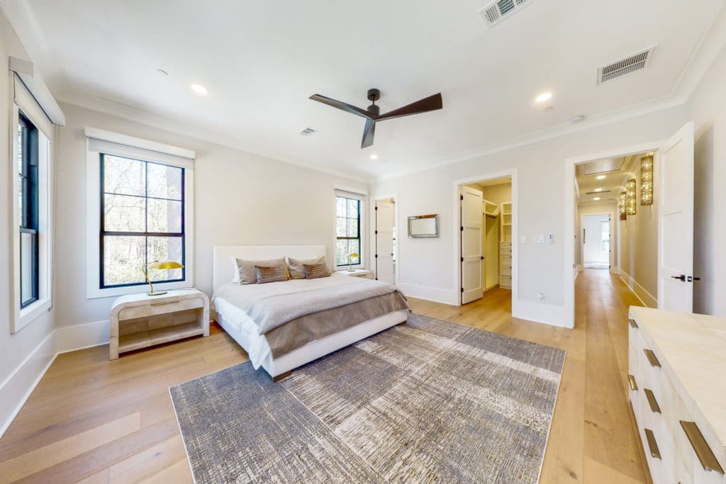 One of seven bedrooms in the house at 346 Hunters Trail in Houston. (Photo by Jason Koonce with Hommati)