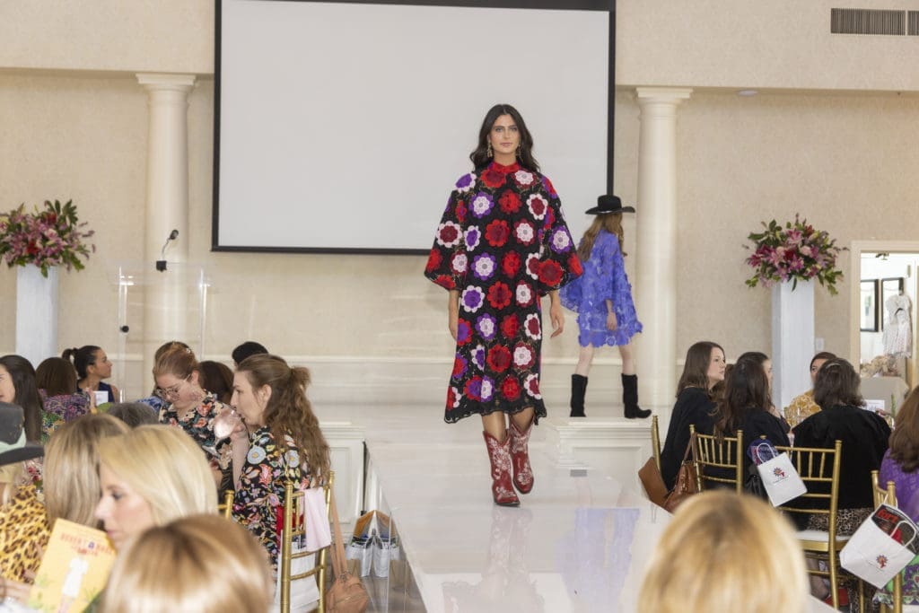 Model in a fabulous La Vie dress at the Desert Rose Luncheon and Fashion Show at River Crest Country Club in Fort Worth, Texas on October 6, 2022. (Photo by Sharon Ellman)