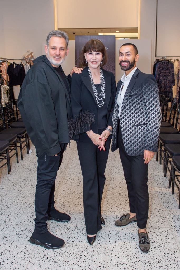 Kobi Halperin, PaperCity's Shelby Hodge, Tootsies creative director Fady Armanious at Tootsies for the midday presentation of his fall fashions.  (Photo by Jacob Power)