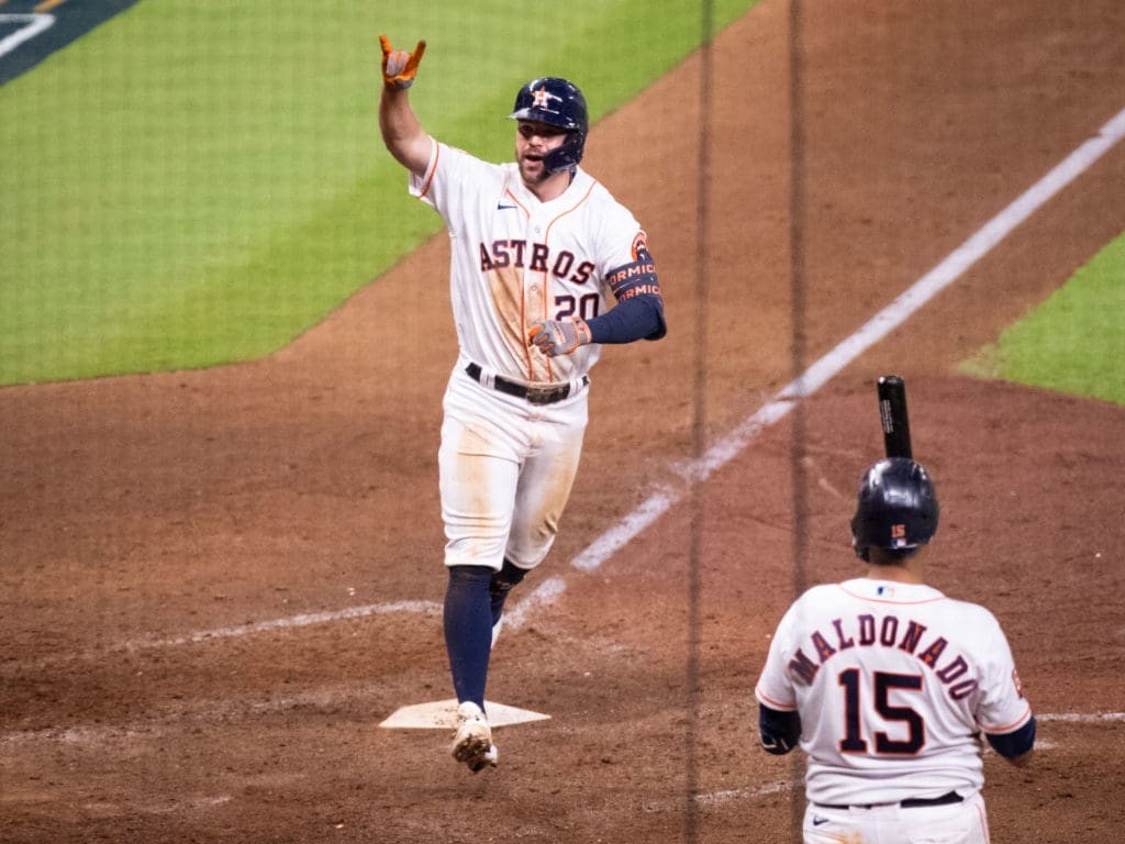 Houston Astros outfielder Chas McCormick is making a name for himself this postseason. Chas McCormick brings plenty of excitement to everything he does. Including hitting a home run. And of course, The Chas Chomp. (Photo by F. Carter Smith)
